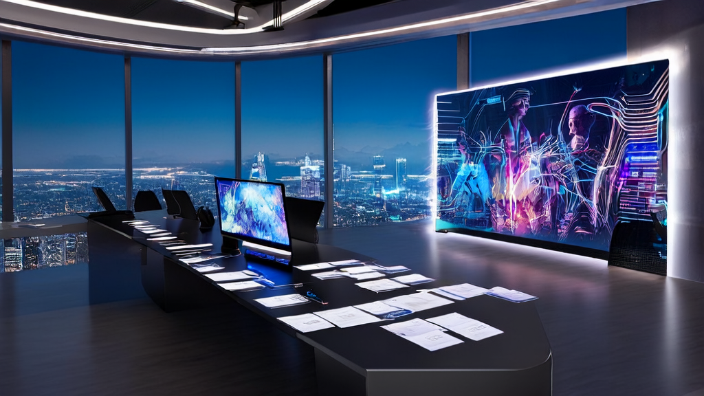 A futuristic office showcasing AI smart email template design interface with a Higgsfield Soul ID digital art mural, symbolizing personalized marketing.