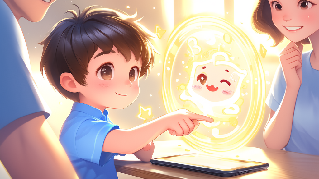 An autistic child interacting with a virtual companion through AI social support software, with parents and instructors offering encouragement