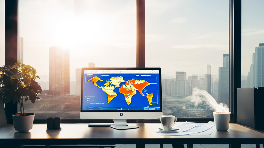 A modern office bathed in sunlight, where an employee uses AI software and Google Maps for customer data analysis
