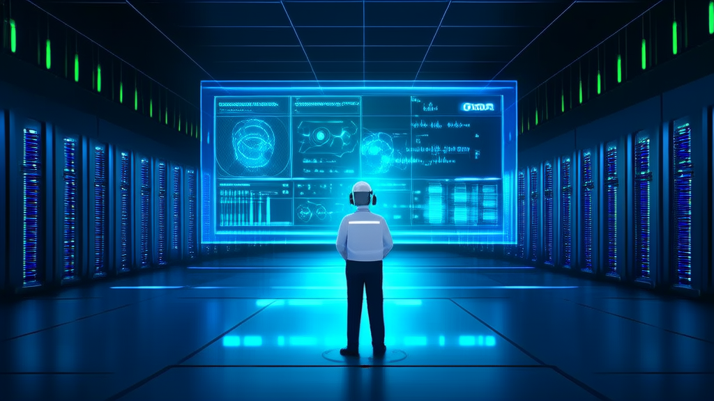 Engineer monitoring and analyzing network activities using AI speech recognition technology in a data center to prevent cyber fraud