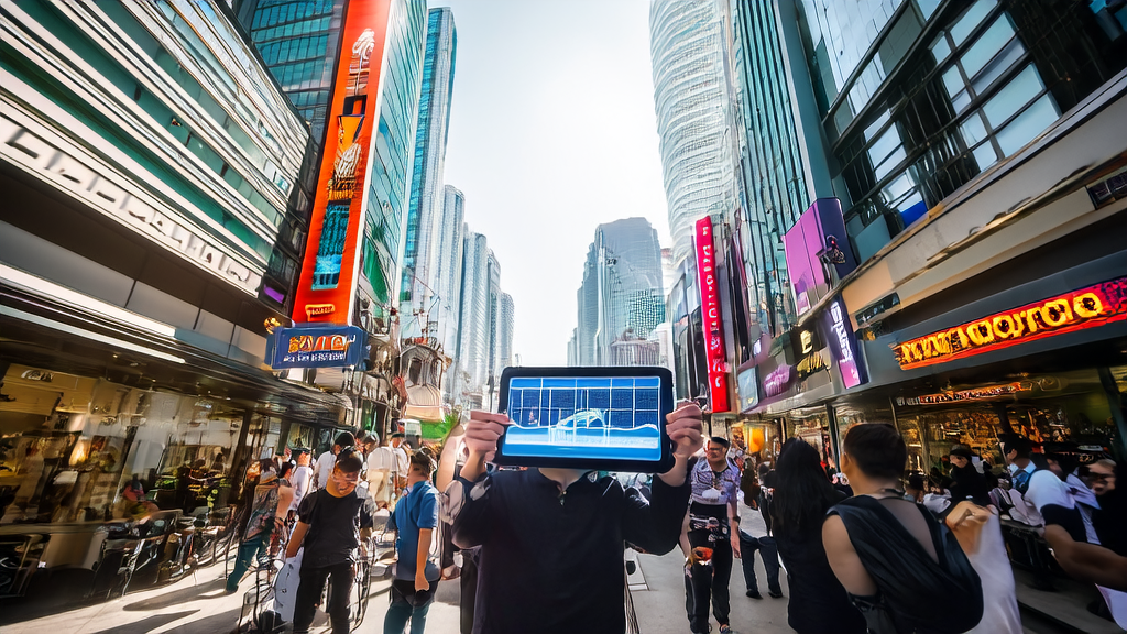 东南亚城市街头，创业者利用AI系统分析市场数据，制定智能获客策略