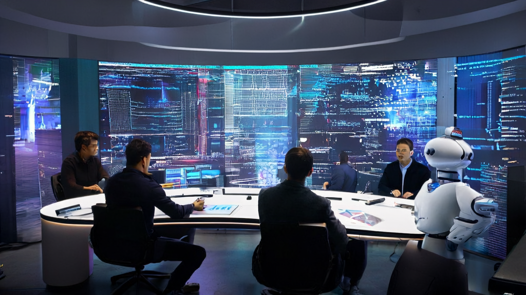Engineers in a tech giant's office are intensely developing and optimizing AI customer acquisition systems, with the bustling city night view in the background