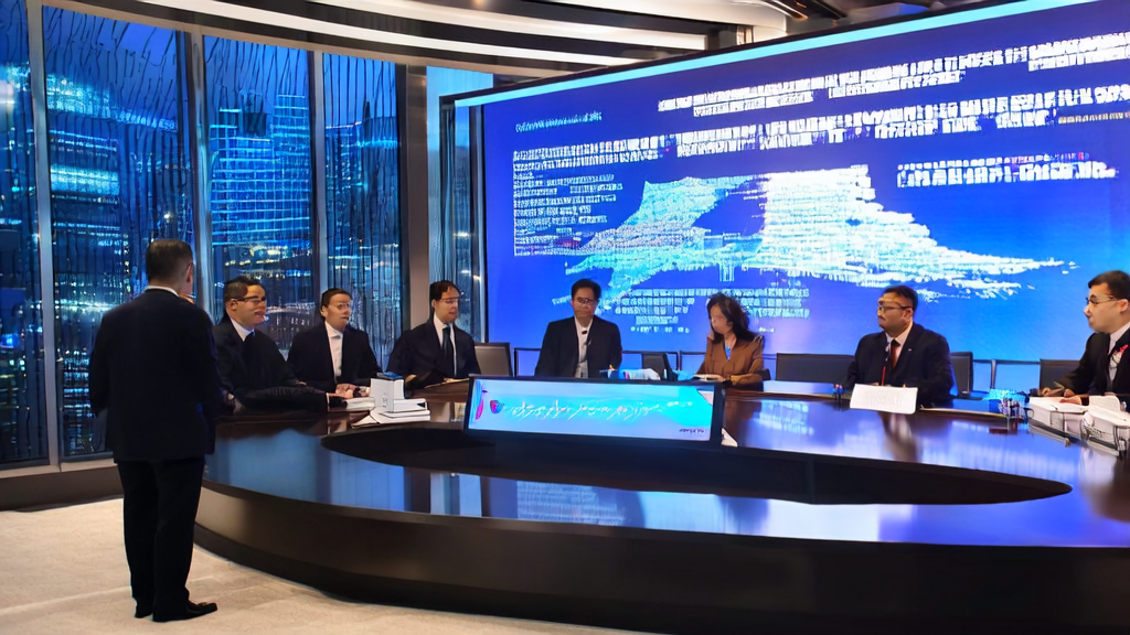 科技巨头会议室内，高管们讨论基于AI算法的客户数据清洗服务及人才争夺策略