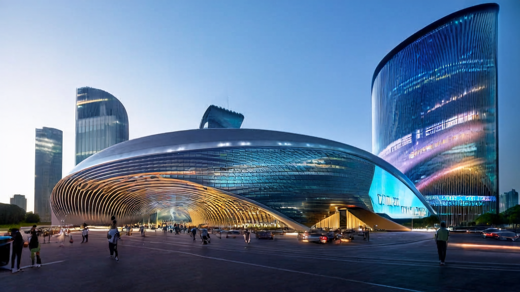 A futuristic city data center showcasing Nscale and Microsoft's collaboration, with smart billboards displaying AI-optimized ads