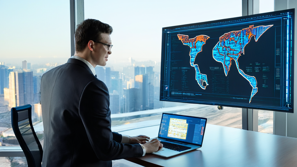 A manager of an export enterprise uses AI customer acquisition systems for global client analysis in a modern office