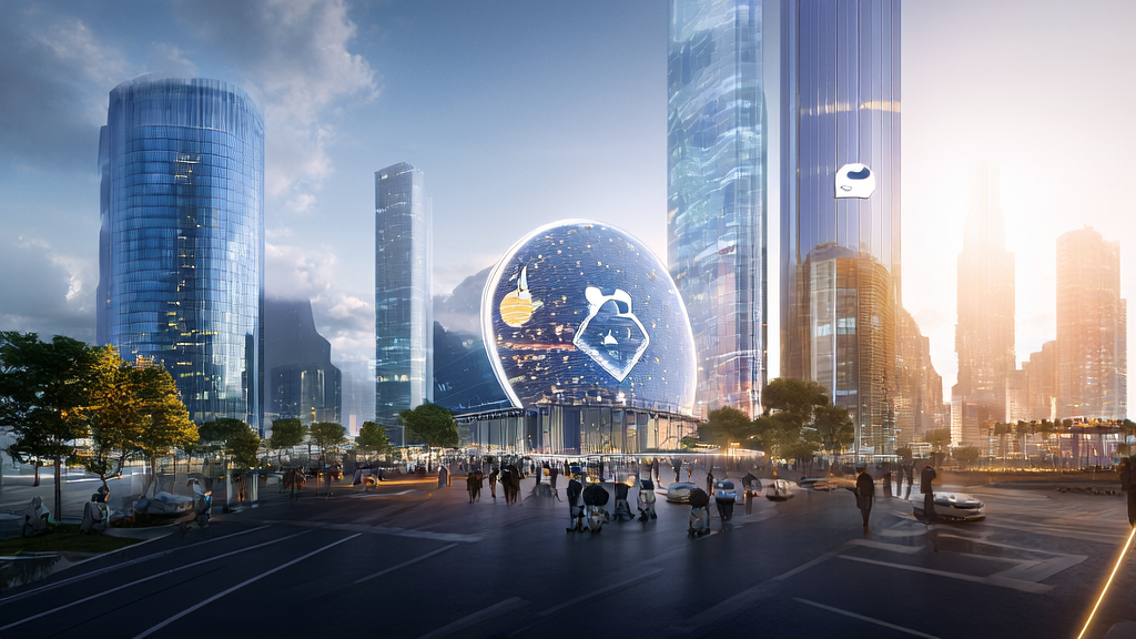 A futuristic city where an export company uses AI technology for targeted customer acquisition, with Apple's headquarters and robots in the background.