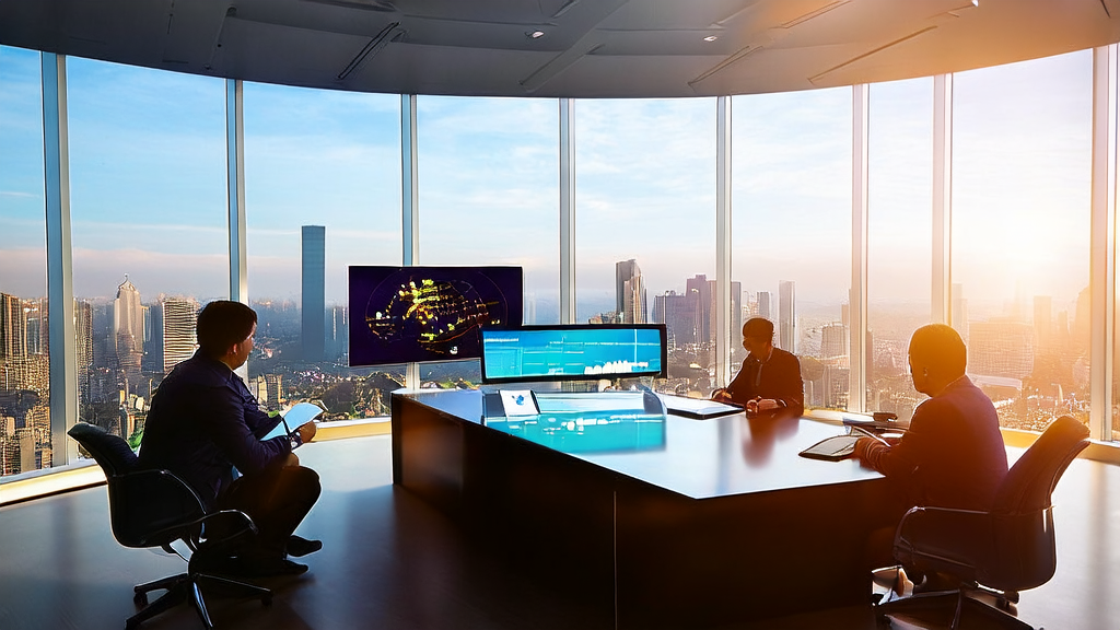 阳光照射下的现代化办公室内,员工们正热烈讨论AI驱动的客户获取解决方案,背景是城市的繁华天际线。