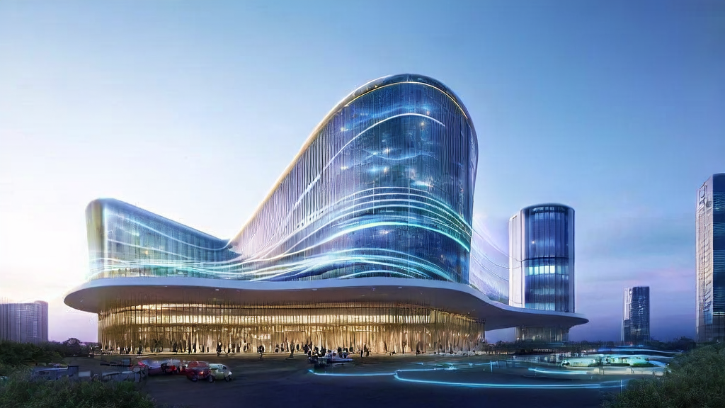 未来城市的现代化独立电商大厦,展示AI技术提升搜索引擎流量的应用场景