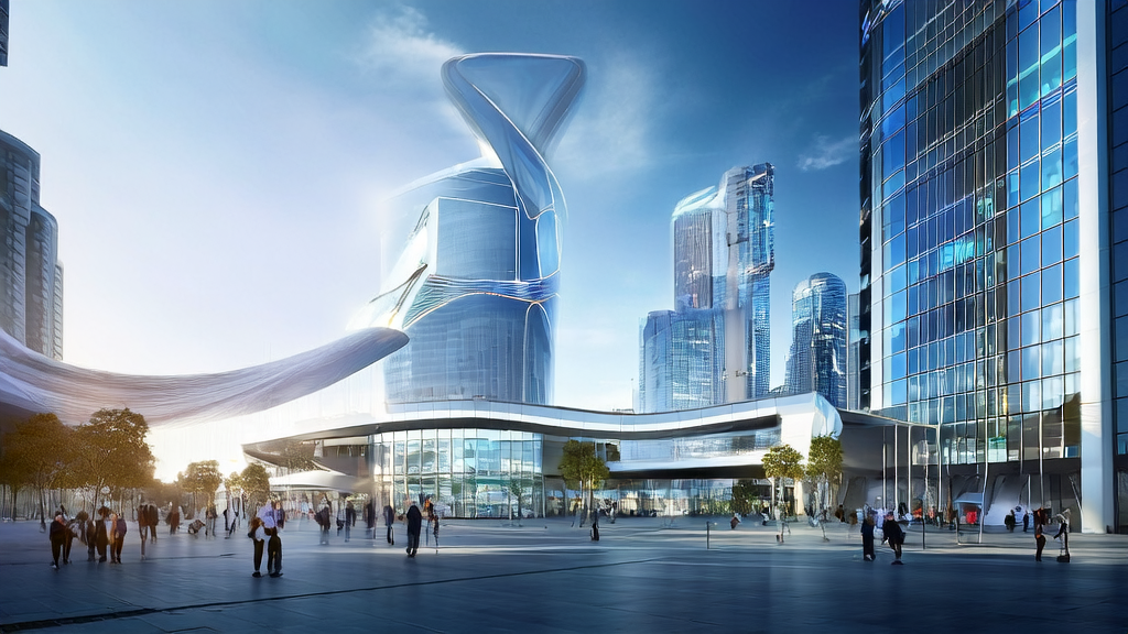 A futuristic workplace scene where AI technology boosts customer acquisition efficiency for export companies