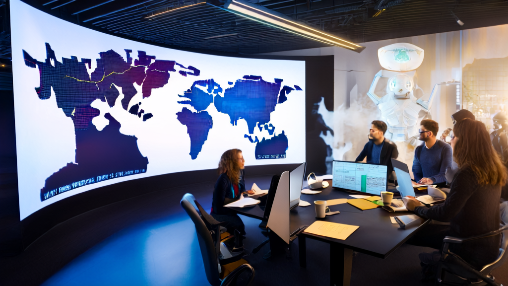 In a modern office, team members are gathered around AI technology and data analysis, discussing ways to enhance B2B customer acquisition efficiency.
