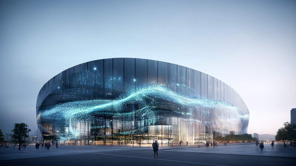 Independent site office building in a futuristic city showcasing AI technology for optimizing traffic and conversion rates