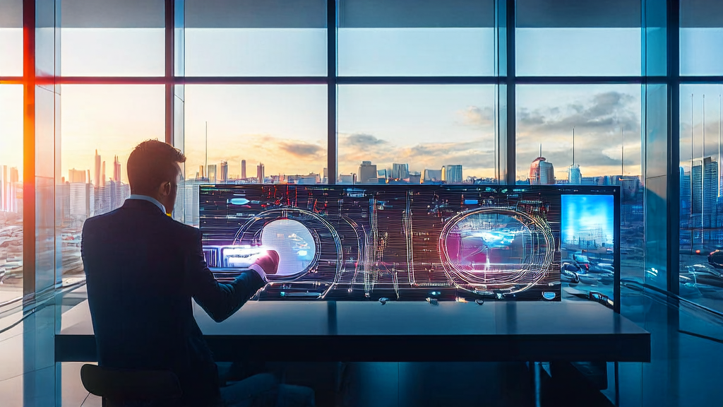 AI technology revolutionizes B2B marketing, showcasing a modern office scene with data analysis