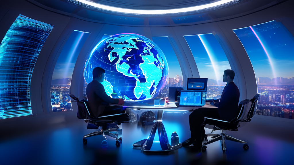 未来数字世界的电商办公室，展示AI技术助力跨境电商增长