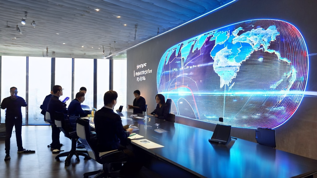 A futuristic office where a team discusses AI technology strategies to boost cross-border e-commerce customer acquisition around a smart conference table