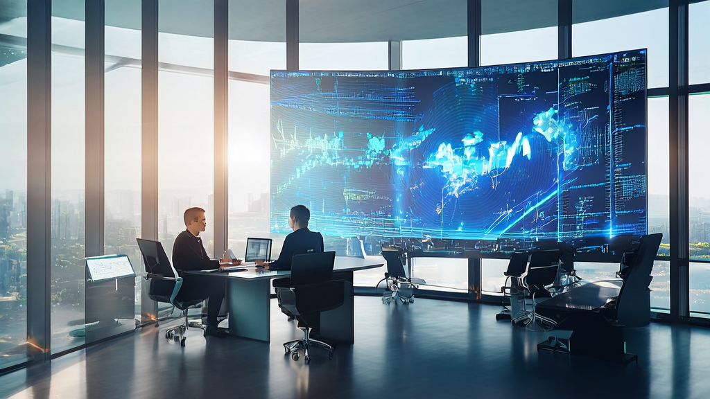 AI technology boosts cross-border e-commerce growth, modern office scene with team collaboration and data analysis on smart screens