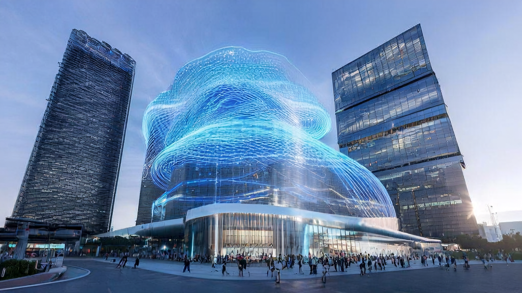 Headquarters of cross-border e-commerce in a futuristic tech city, showcasing how AI technology optimizes overseas marketing effectiveness
