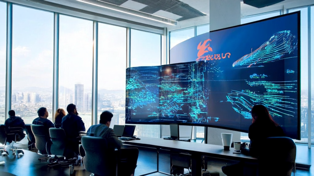 In a sunny modern office, engineers are using AI technology to optimize customer acquisition strategies, showcasing the latest DouPod voice podcast model and real-time voice model.