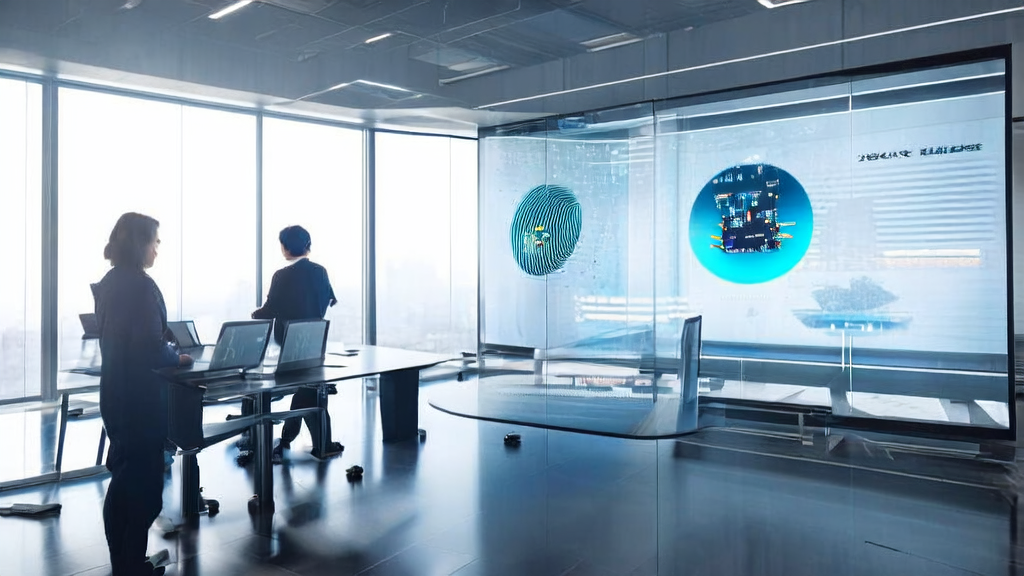 A modern office scene showcasing the use of AI technology to boost customer acquisition efficiency, featuring a smart computer screen, ChatGPT's real-time transcription interface, and advanced recording equipment.