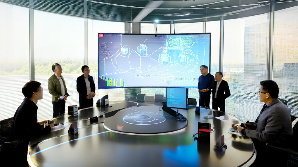 Office workers discussing data analytics charts about AI technology enhancing customer acquisition efficiency