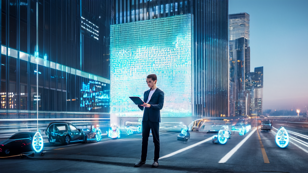 An entrepreneur stands in front of a modern office building, showcasing the Vercel V0 all-in-one AI platform, with a futuristic city skyline and smart devices in the background, highlighting the impact of AI technology on new-era business growth.