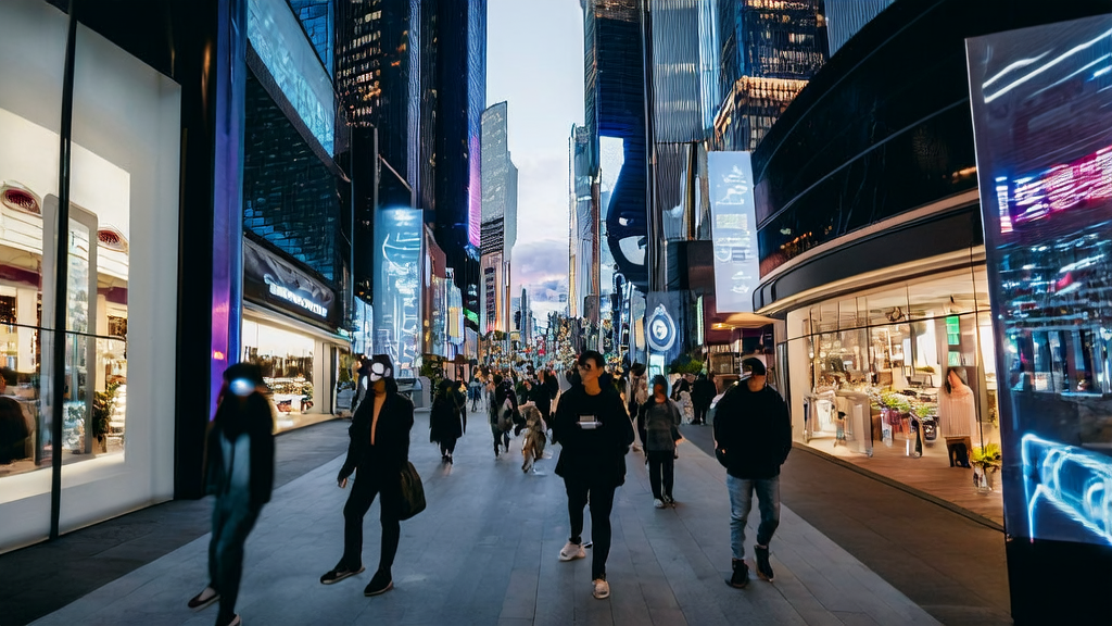 People using Xiaomi AI glasses for payment on a futuristic city street, showcasing the application of AI technology in e-commerce sales.