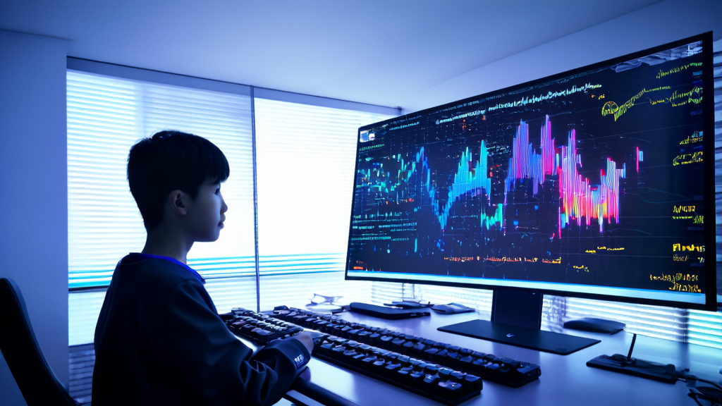 A modern office bathed in sunlight, where a high school student uses AI technology for stock trading analysis, showcasing the potential of AI in finance and e-commerce.