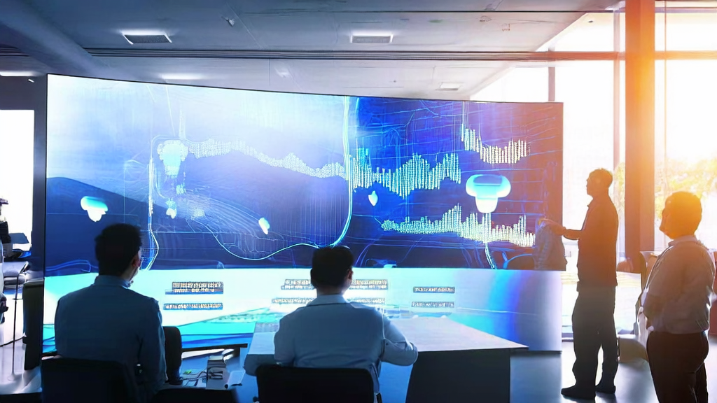 A modern office bathed in sunlight, where engineers discuss AI technology for ecommerce acquisition. An intelligent robot simulates customer interactions, and a poster on the wall showcases the features of the VINCIE-3B model.
