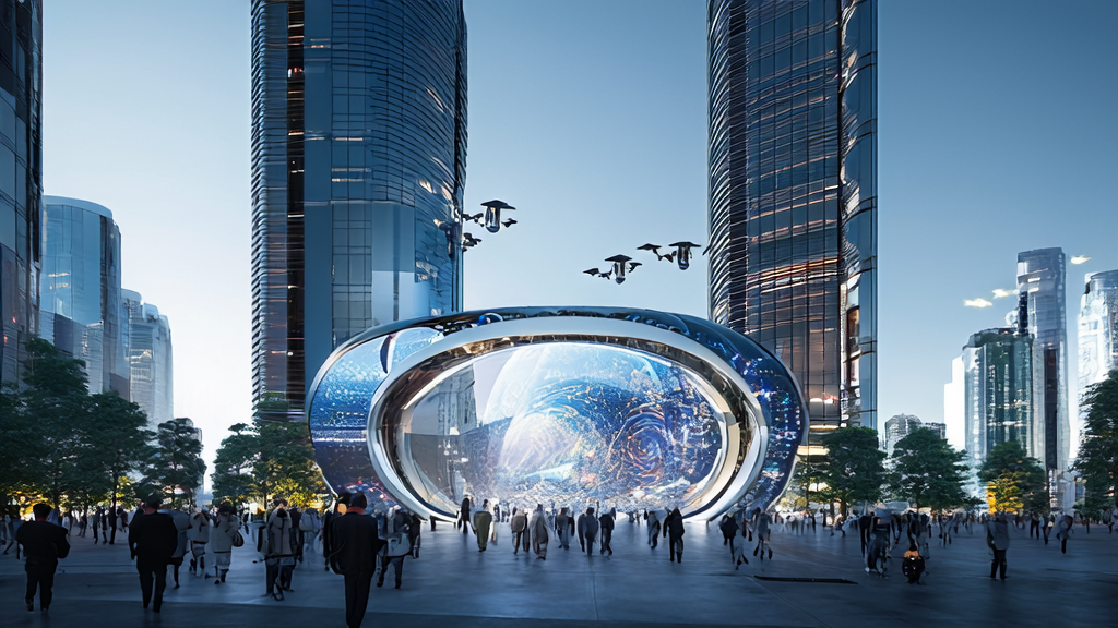 A futuristic city showcasing AI technology applications, highlighting how Vidu Q1 and Grok4 boost efficient customer acquisition