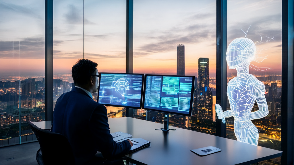 AI technology empowering international trade businesses to acquire customers efficiently, showcasing a trade officer using LinkedIn and Amazon Nova Premier for customer analysis.