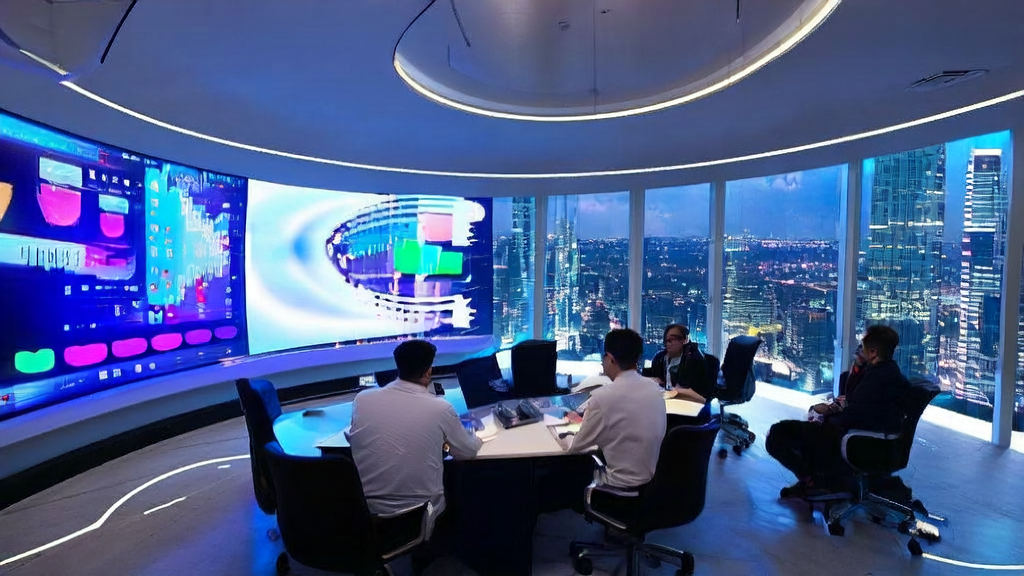 未来城市中的高科技办公室，展示全球首款AI代理浏览器Opera Neon的发布场景