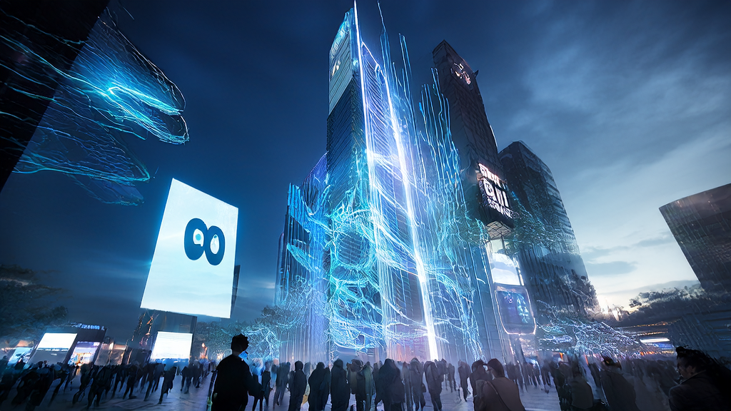 A futuristic city where independent sites leverage AI technology to achieve a surge in search engine traffic, including AI keyword optimization, intelligent content creation, and personalized email marketing.