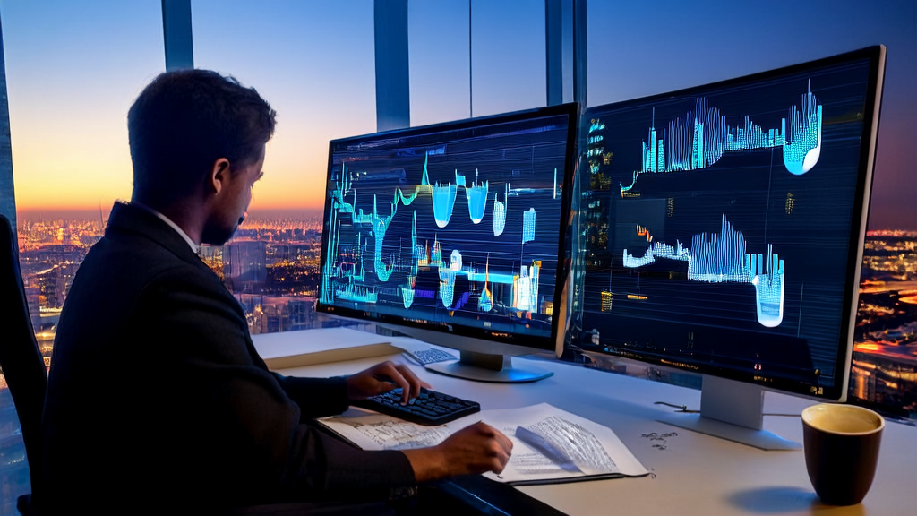 AI technology enhancing overseas marketing effectiveness: A marketing expert analyzing AI data in an office, exploring ways to improve customer acquisition efficiency.