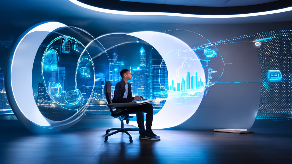 年轻的创业者在现代化办公室中利用AI技术优化独立站关键词，提升搜索引擎流量。