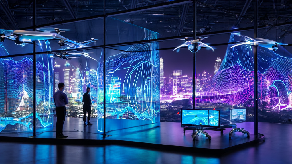 In a modern office within a futuristic city, a designer uses AI design tools and data analysis to uncover potential customers