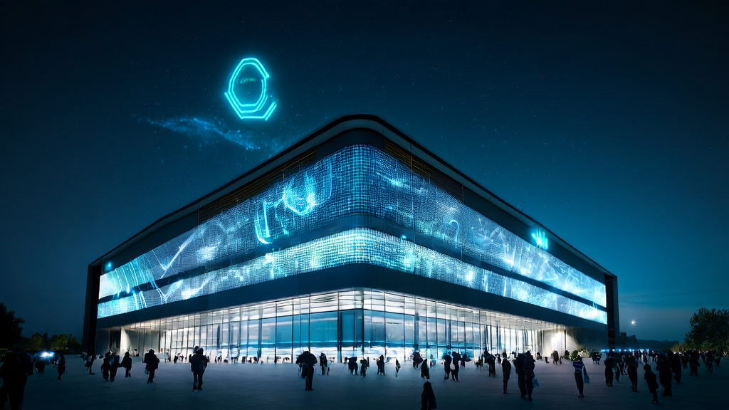 A futuristic city's tech company headquarters at night, with employees using AI technology and MR glasses to enhance customer acquisition efficiency