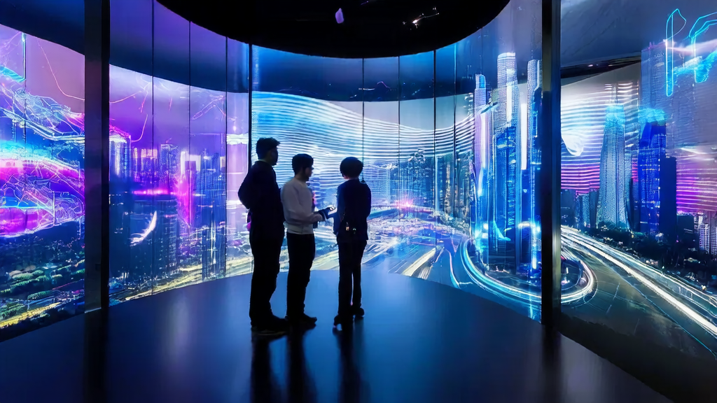 Cross-border e-commerce team using AI technology to optimize advertising strategies in a futuristic cityscape