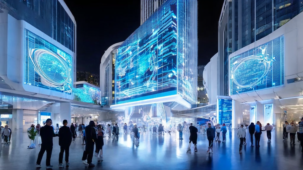 未来城市中的跨境电商中心，智能机器人和无人机展示了AI技术在获客和物流方面的应用。