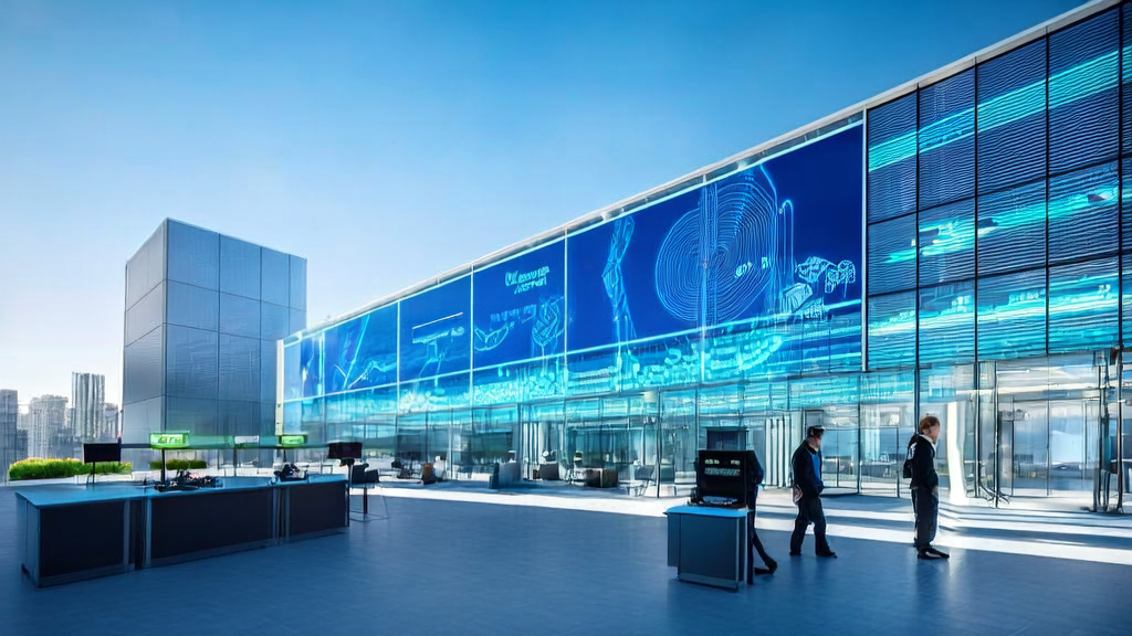 AI technology-driven acquisition revolution, showcasing the modern office building with advanced technology and interactive scenes