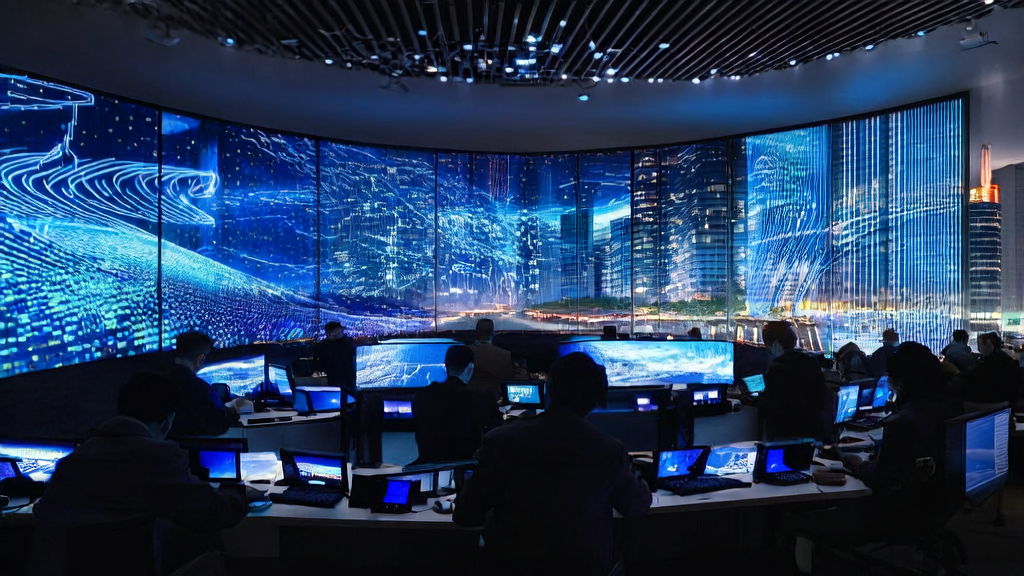 AI技术驱动的获客革命：灯火通明的办公室内，程序员们正在优化广告投放和处理客户数据，背景是繁华都市夜景