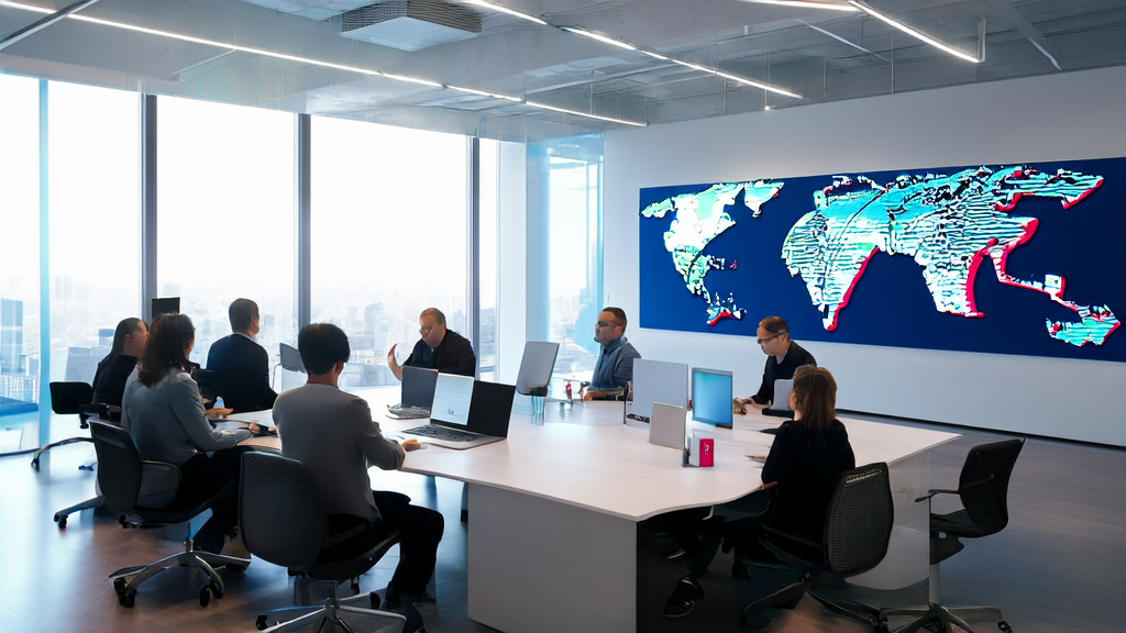 现代化办公室内的团队正在利用AI技术优化外贸邮件营销，提高邮件打开率与回复率