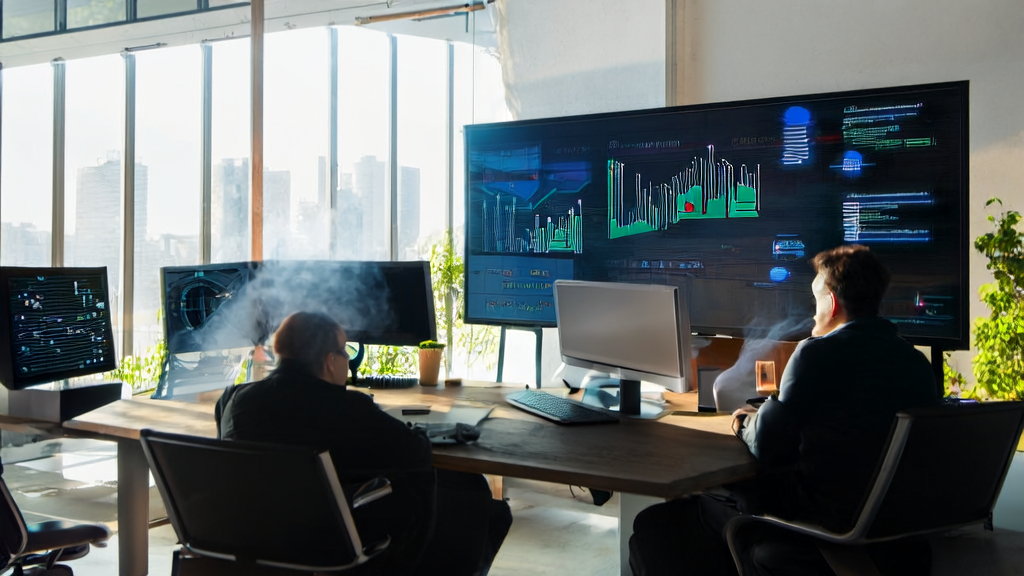 数据科学家在办公室中使用Fast-dLLM框架进行AI邮件营销分析，提升获客效率。