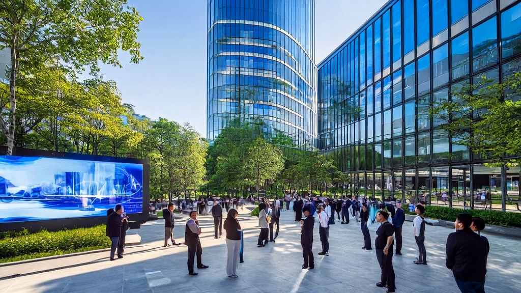 阳光下的现代化办公大楼,展示着昆仑万维SkyReels V3模型的宣传海报和AI生成的营销视频,跨境电商企业员工热烈讨论AI技术应用