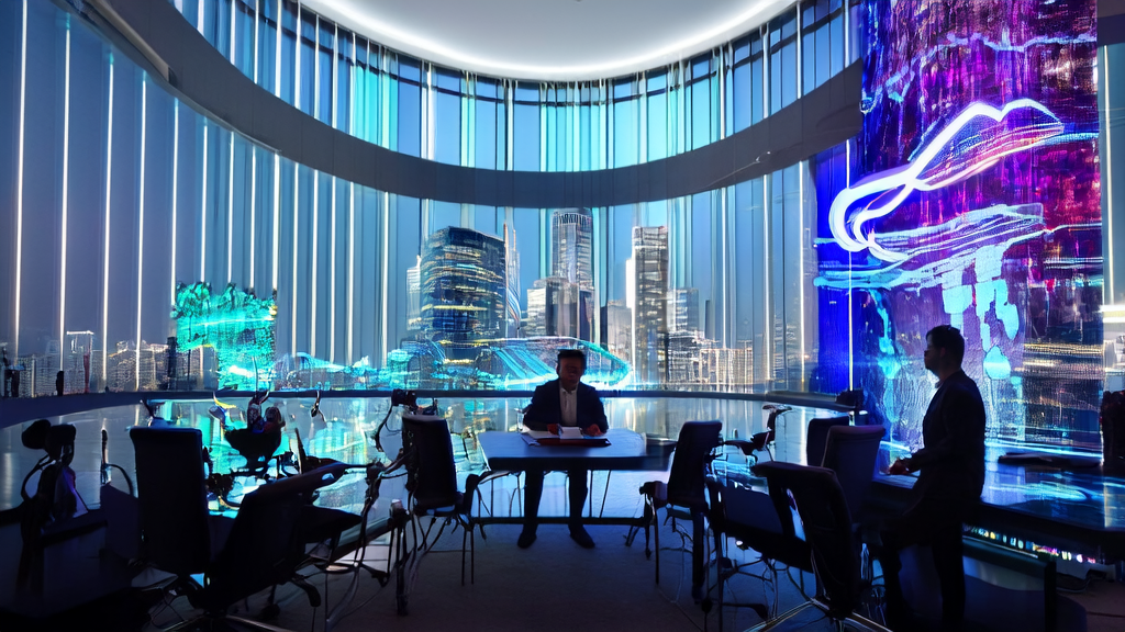 黄仁勋与MiniMax创始人在高科技大厦中探讨AI技术赋能企业高效获客的未来趋势