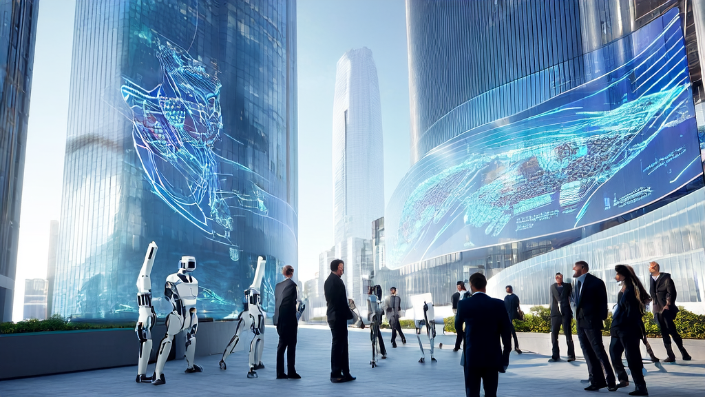 AI technology empowering efficient customer acquisition for export businesses, showcasing a futuristic city scene where technicians analyze global market data using AI.