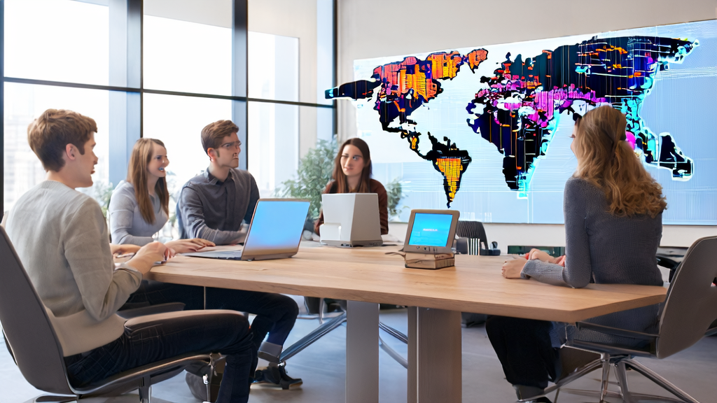 AI-enabled B2B marketing: A team uses a smart robot assistant to analyze data and develop personalized email templates