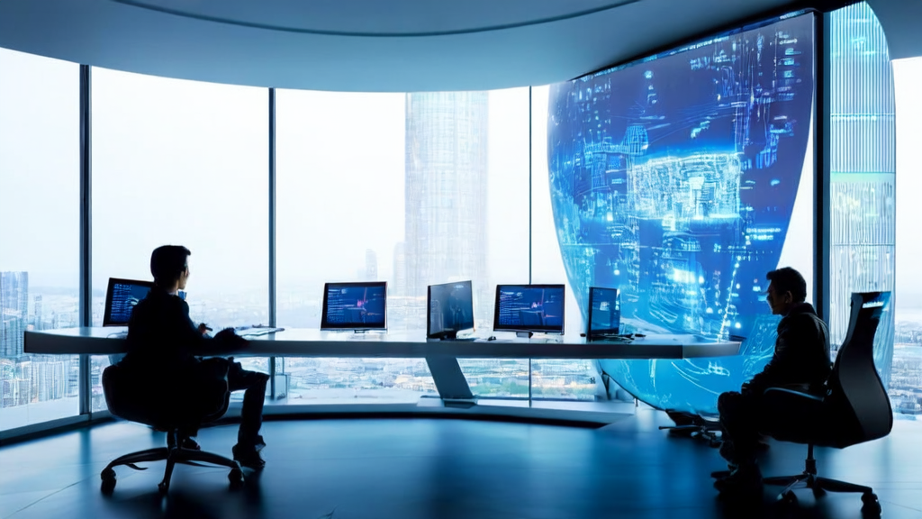 In a futuristic office, an entrepreneur uses AI technology for efficient cross-border e-commerce customer acquisition