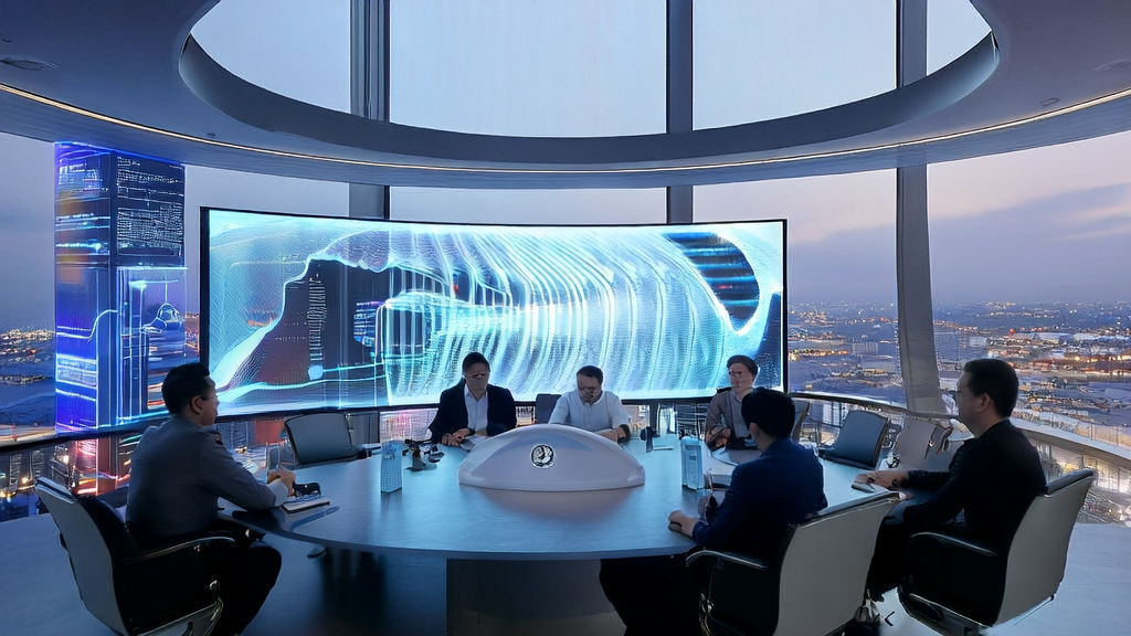 Businesses in a futuristic city use AI technology to enhance customer acquisition efficiency, with a smart robot analyzing data in real-time and generating personalized marketing strategies.