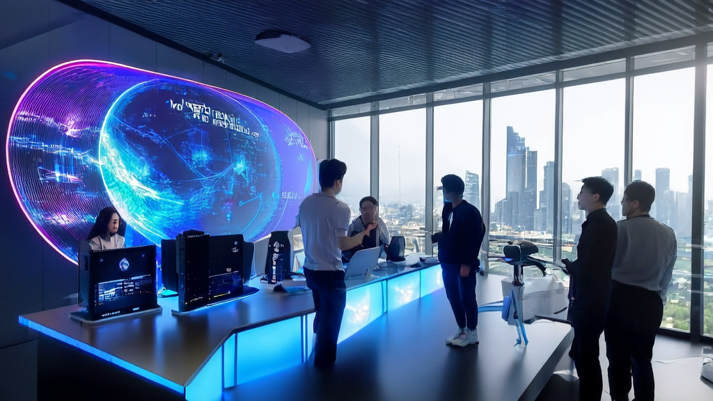 AI技术助力跨境电商获客新途径：现代化办公室中的团队正在利用智能屏幕和数据分析工具探讨市场策略。