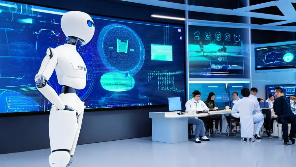 人形机器人R1在企业办公区与客户互动，展示AI技术在客户数据采集与清洗中的应用