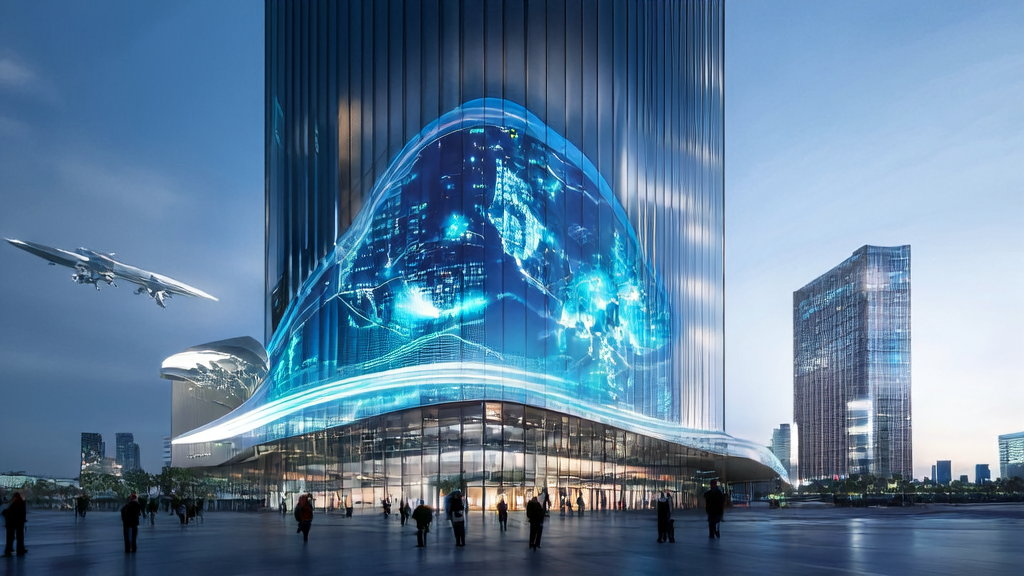 Advanced AI technology helps export companies achieve precise customer acquisition, showcasing a futuristic cityscape with a modern office building and real-time global communication.